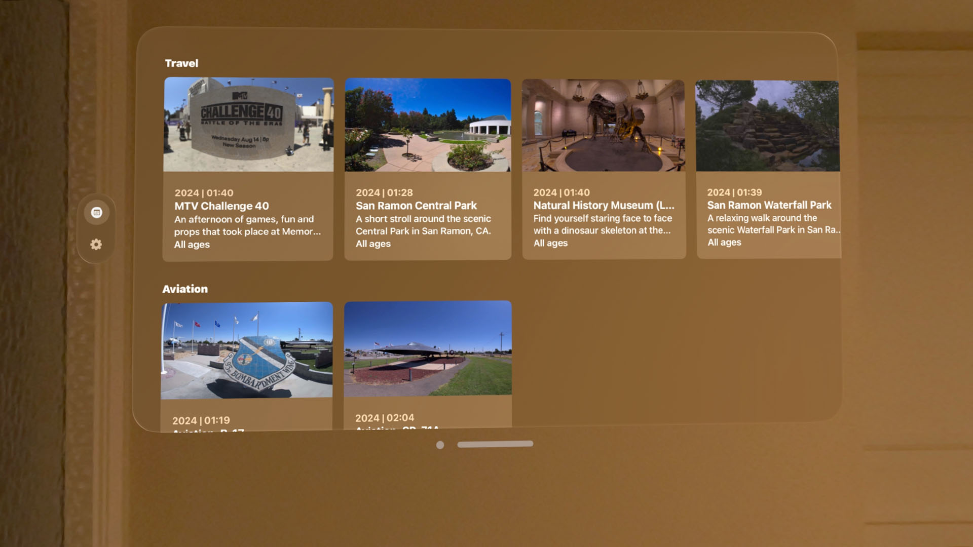 A menu from the Immersion Spatial Experiences app listing the 3D videos