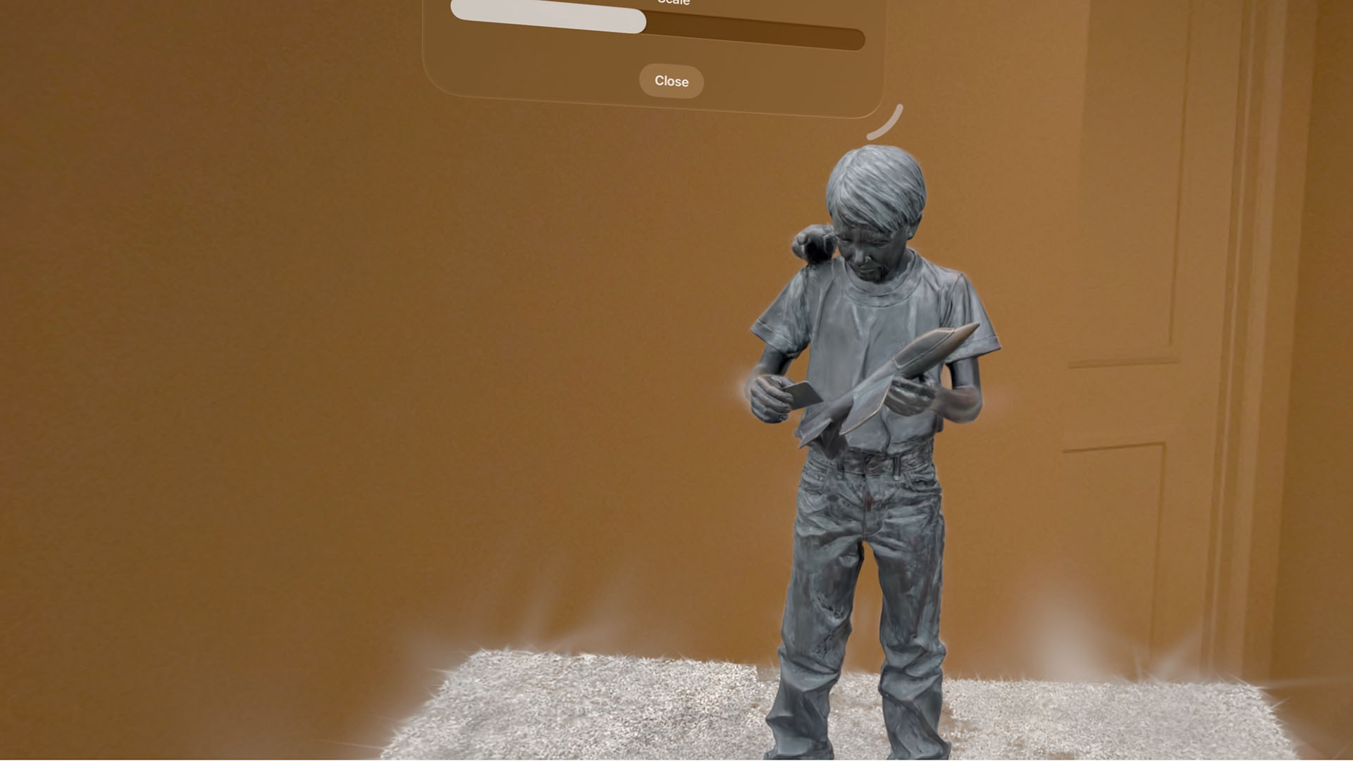 A 3d scan of a statue of a boy holding a toy airplane